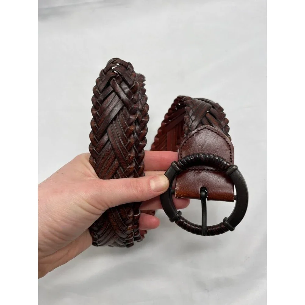 Brown Leather Woven Belt with Circular Metal Buckle